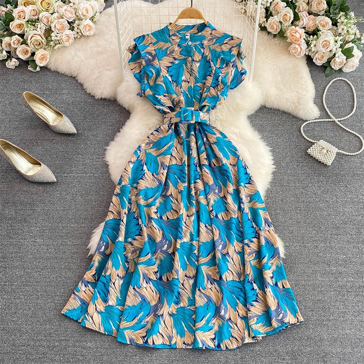 【dress】オシャレ度満点〜夏新作海旅行4色バンドカラー花柄配色シフォンワンピースF5110