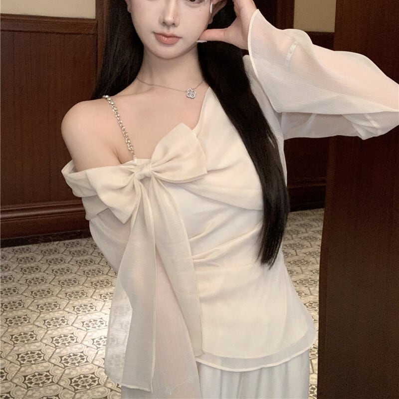 【tops】リボン付きオフショルダートップス　M28459