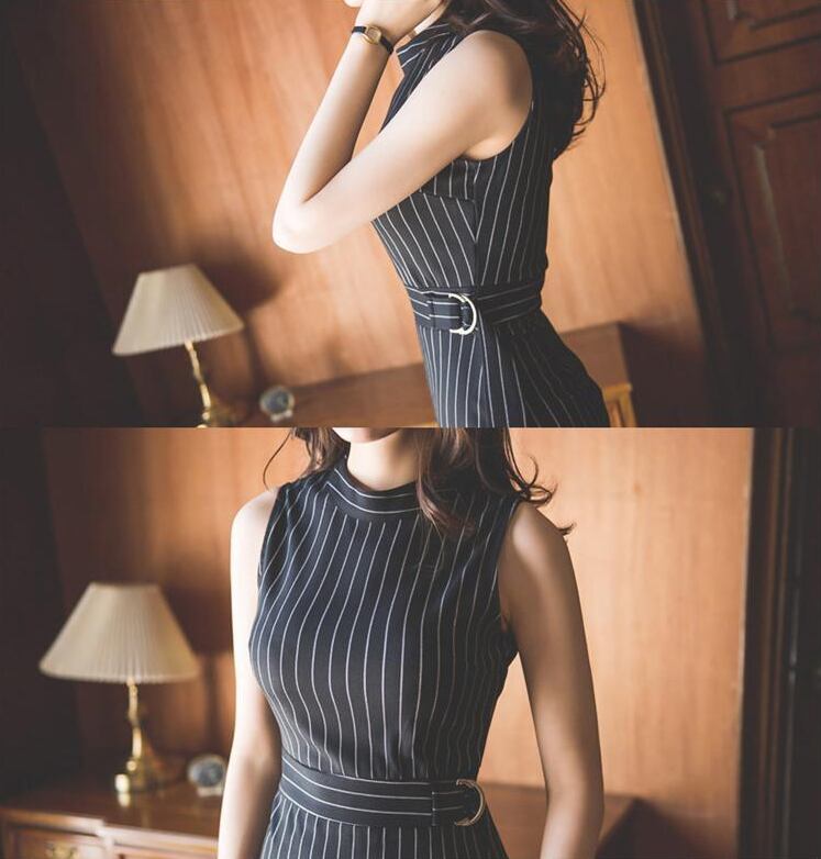 【dress】OL通勤好感度UP!気質満点ストライプ柄 ノースリーブワンピース G0892