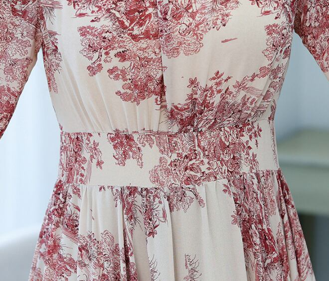 【dress】今季トレンド7分袖ウェスト絞りギャザー海旅行花柄配色大振り子シフォンロング丈ワンピースF1732