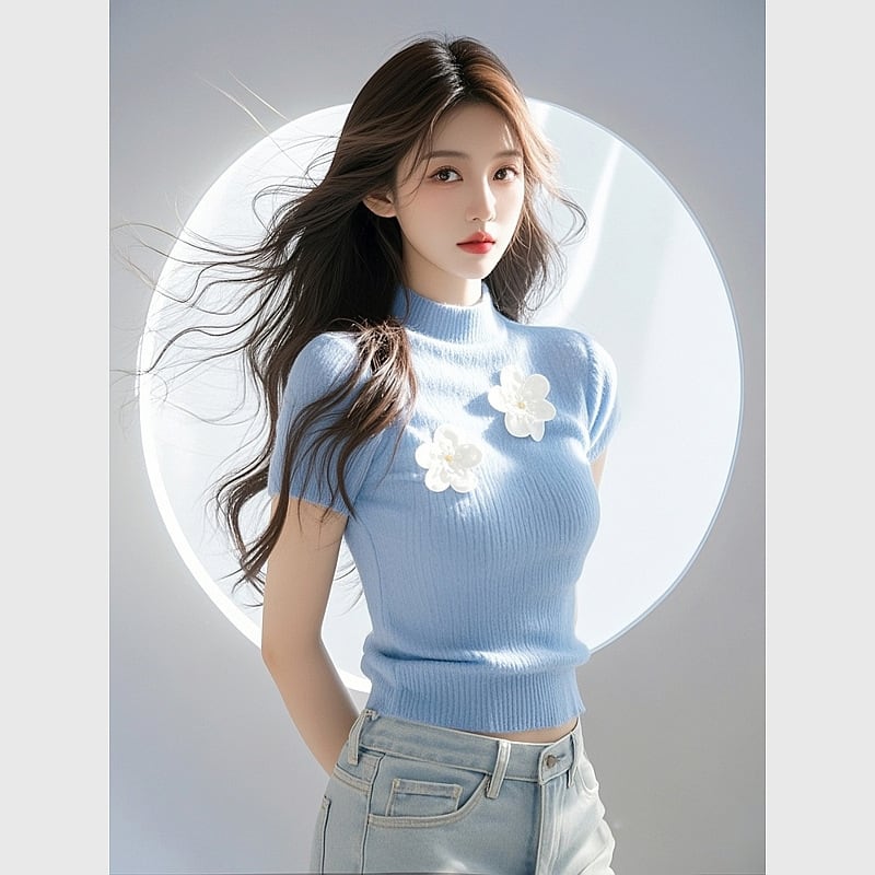 【tops】立体フラワーニットTシャツ　M29467