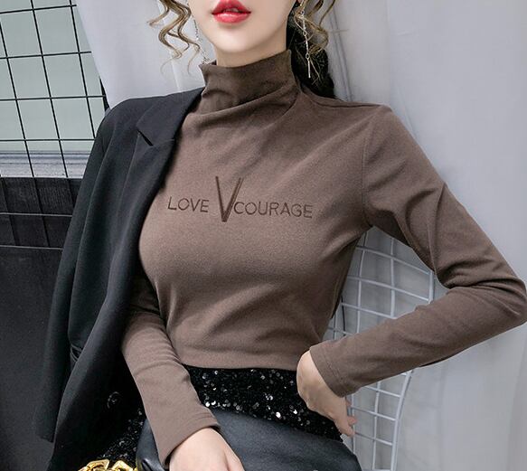 【tops】ハーフネック長袖英字柄無地着やせ寒さ対策ＴシャツF3786