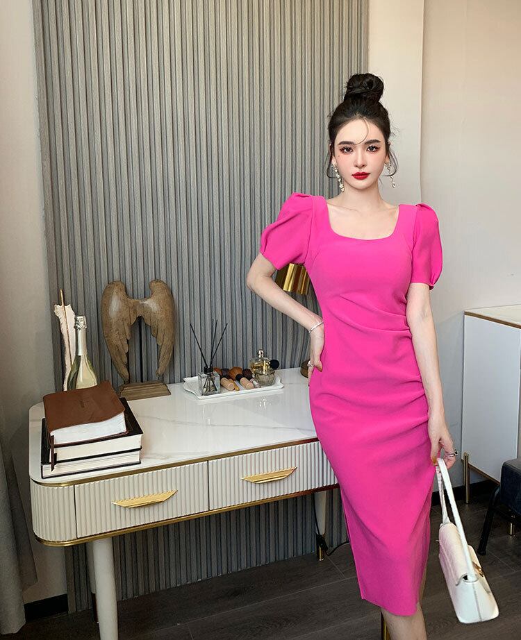 【dress】一目惚れ！韓国風INS風OL通勤スクエアネック半袖パフ袖スリット無地タイトワンピースF2364