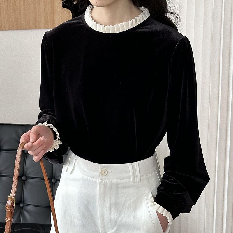【tops】フェイクレイヤードベルベットトップス Q6964