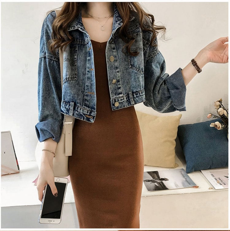 【set】デニムジャケット+体型カバー無地キャミワンピース通勤日常2点セットF0779