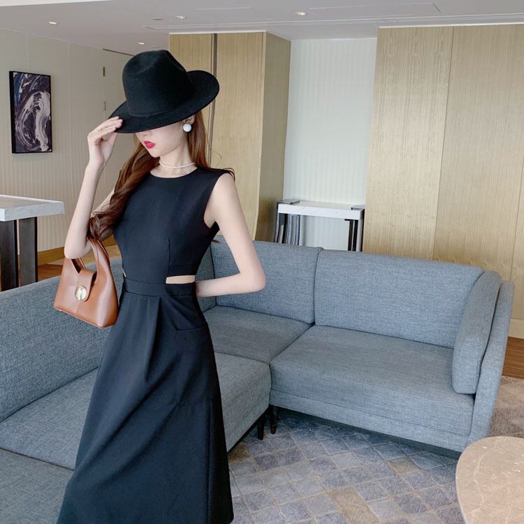 【dress】韓国ファッション海旅行ラウンドネック無地ノースリーブ着やせワンピースF0322