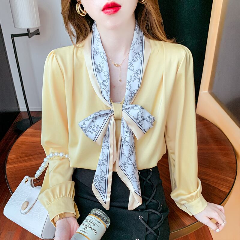 【tops】タイカラー長袖プリント配色ファッションゆったり着回しブラウスF0601