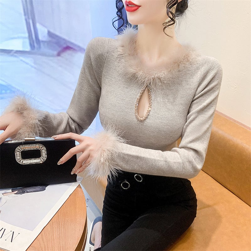 【tops】フェイクファーニットトップス　N2918