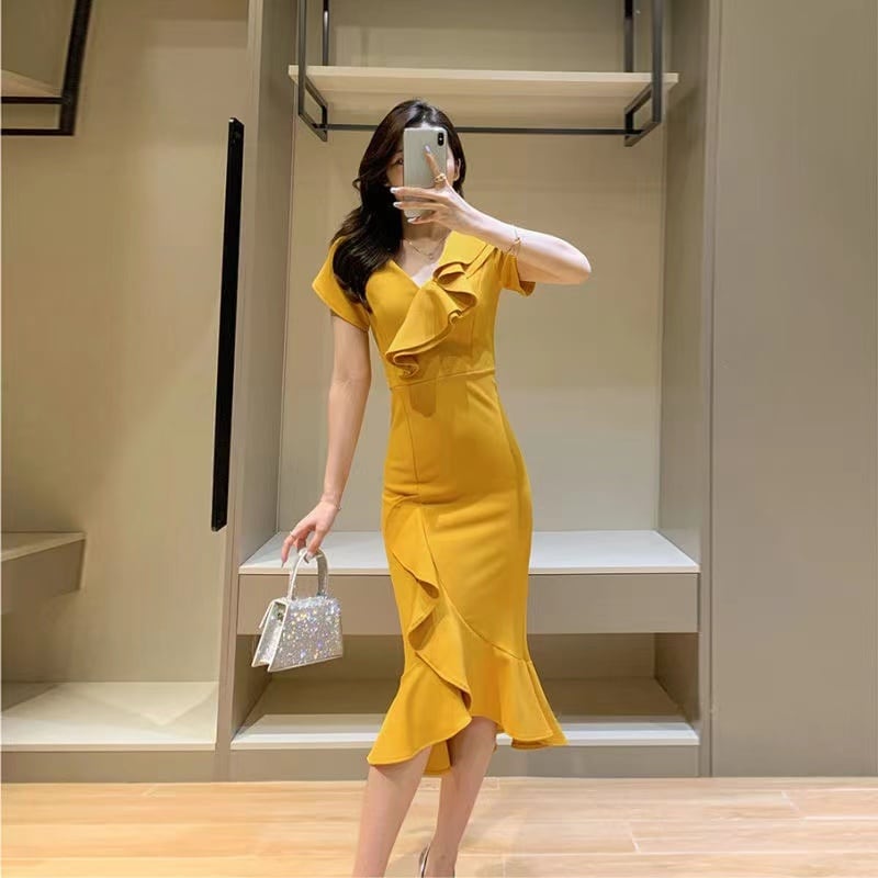 【dress】細身効果抜群♪夏新作2色Vネック半袖無地不規則フリル披露宴二次会タイトワンピースF2413