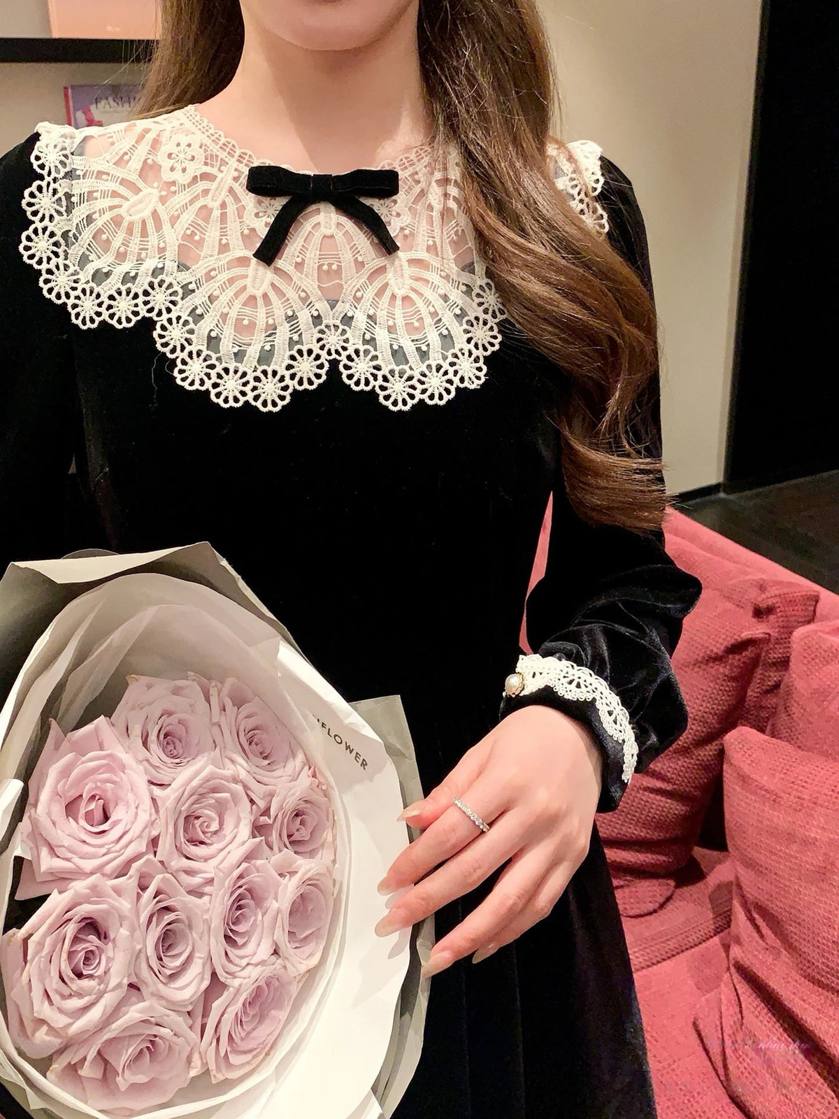 【dress】レースドッキングベロアワンピース　N3415