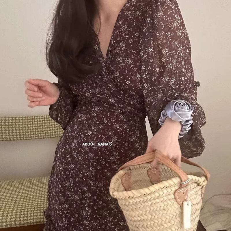 【dress】Vネックシフォン花柄ワンピース G20929