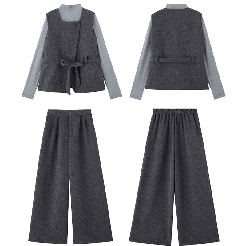 【set】ベスト×ハイネックトップス×ワイドパンツ3点セット Q6976
