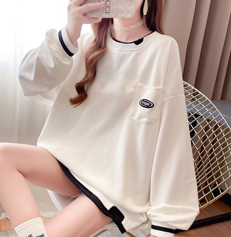 【tops】ラウンドネック長袖偽二つ切り替え英字柄ゆったり着回しパーカーF0676