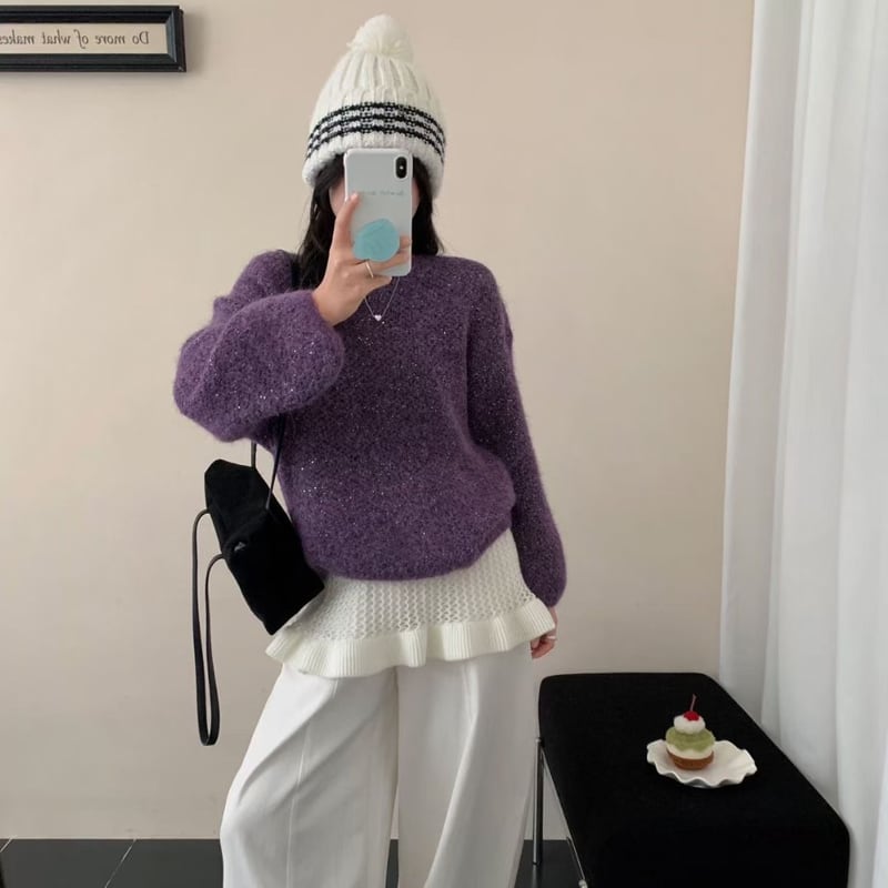 【tops】スパンコール付きニットトップス Q8116