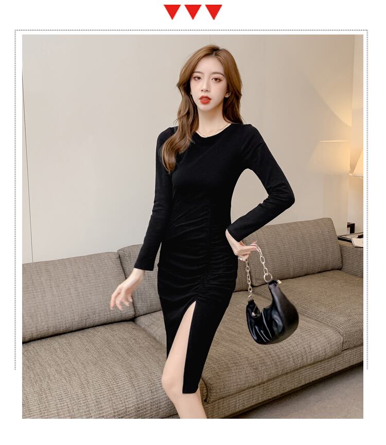 【dress】エレガント気質満点秋体型カバーデザインタイトスリットワンピース G2236