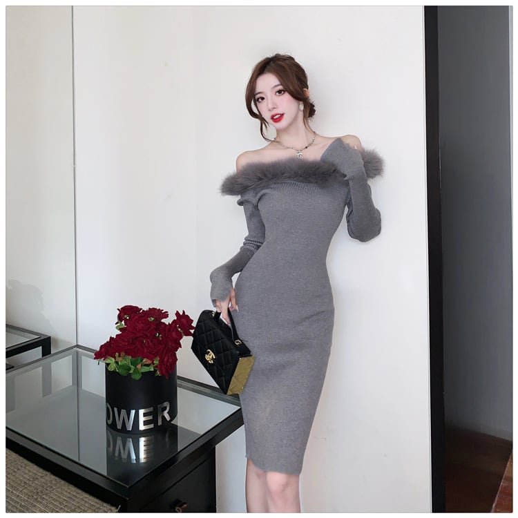 【dress】フェザーオフショルダーニットワンピース　M17993