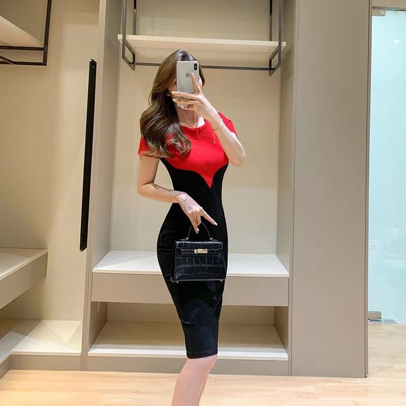 【dress】早い者勝ち夏新作2色ラウンドネック半袖配色韓国ファッションタイトワンピースF2630