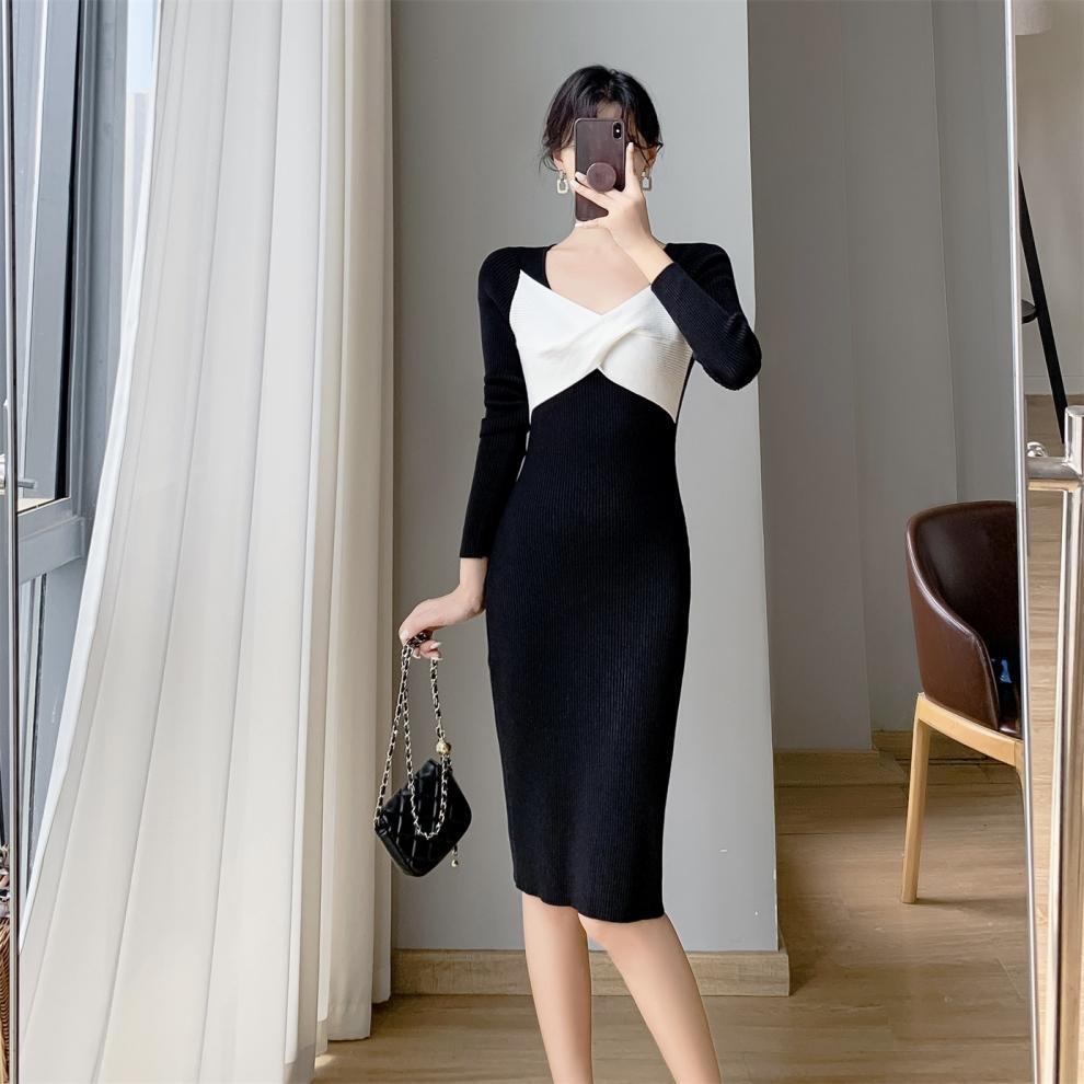【dress】クロス配色ニットワンピース　M26277