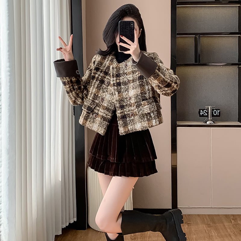 【set】チェック柄ショートコート×スカートセット　M27688