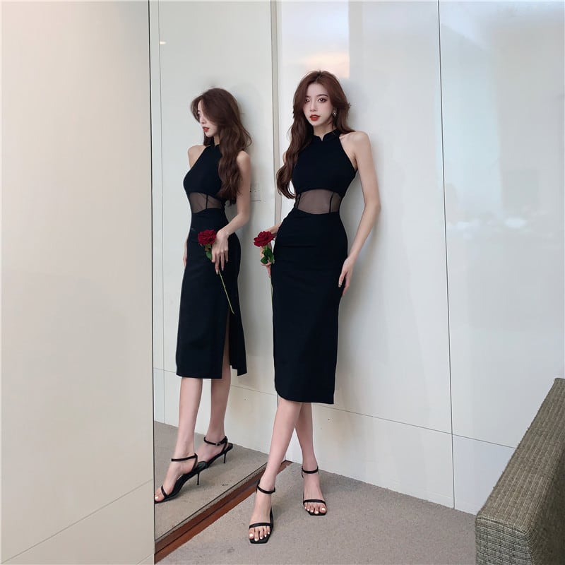 【dress】ノースリーブチュールドッキングワンピース Q8431