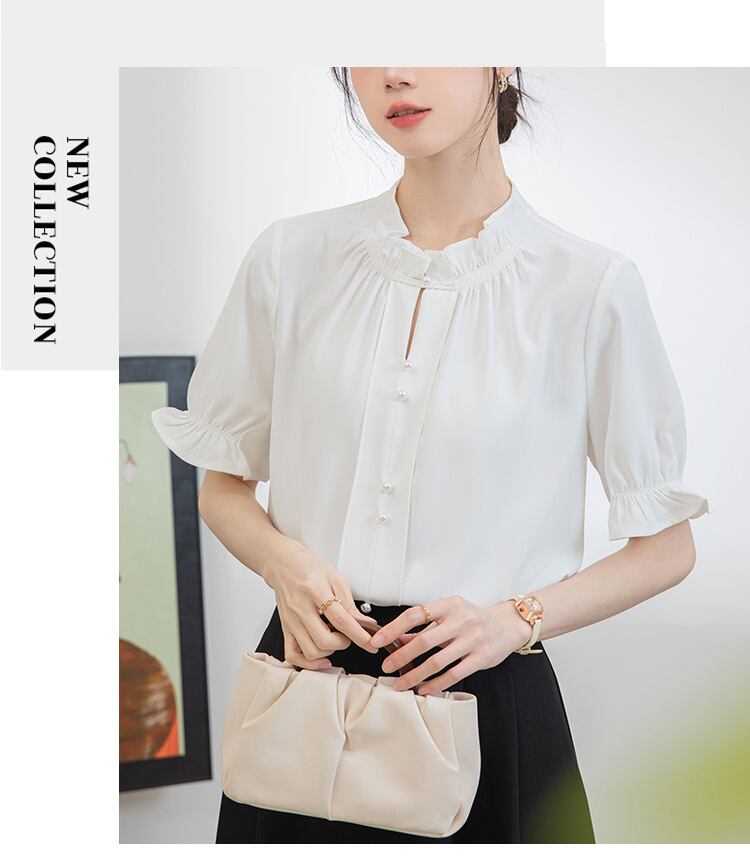 【tops】フリルスタンドネックOL通勤ブラウスG21076