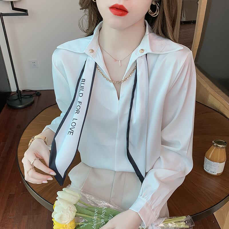 【tops】韓国ファッションラペル長袖無地ファッション着回しOL通勤シャツF0664