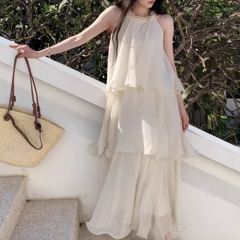 【dress】ノースリーブチュールティアードワンピース Q8408