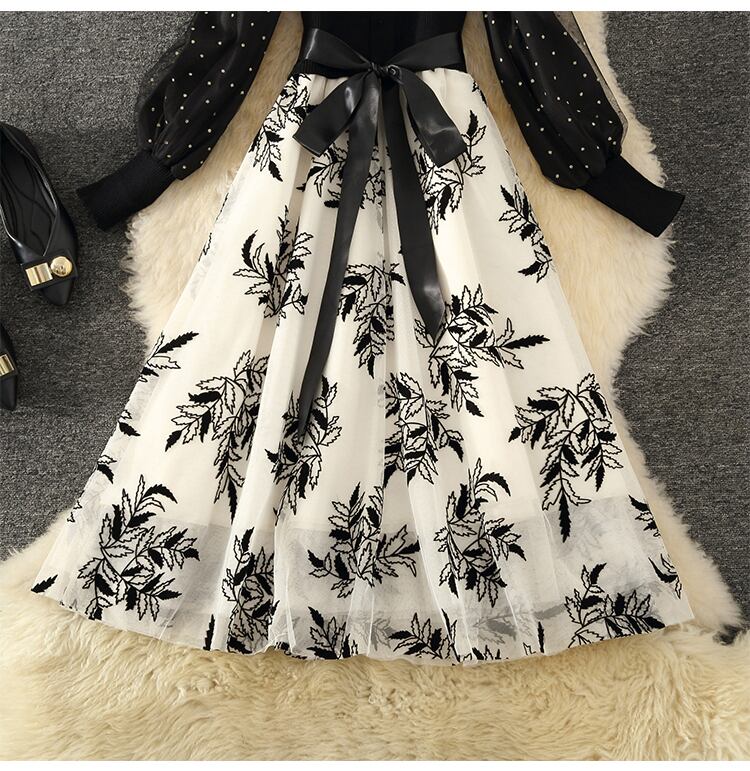 【dress】上品な質感!気質満点レトロシンプルフランス風秋冬偽二つ切り替えワンピース G3178