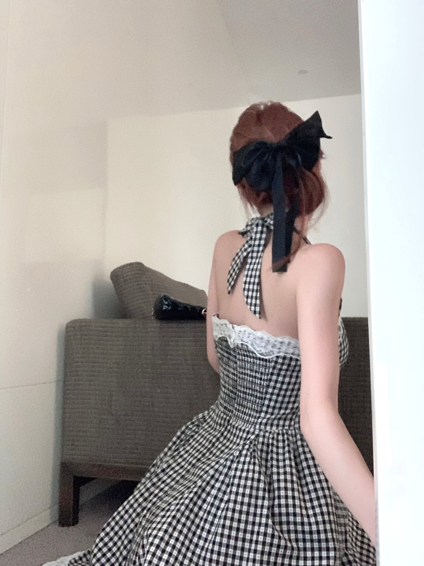 【dress】レース切り替えバックリボンチェック柄ワンピースF7789