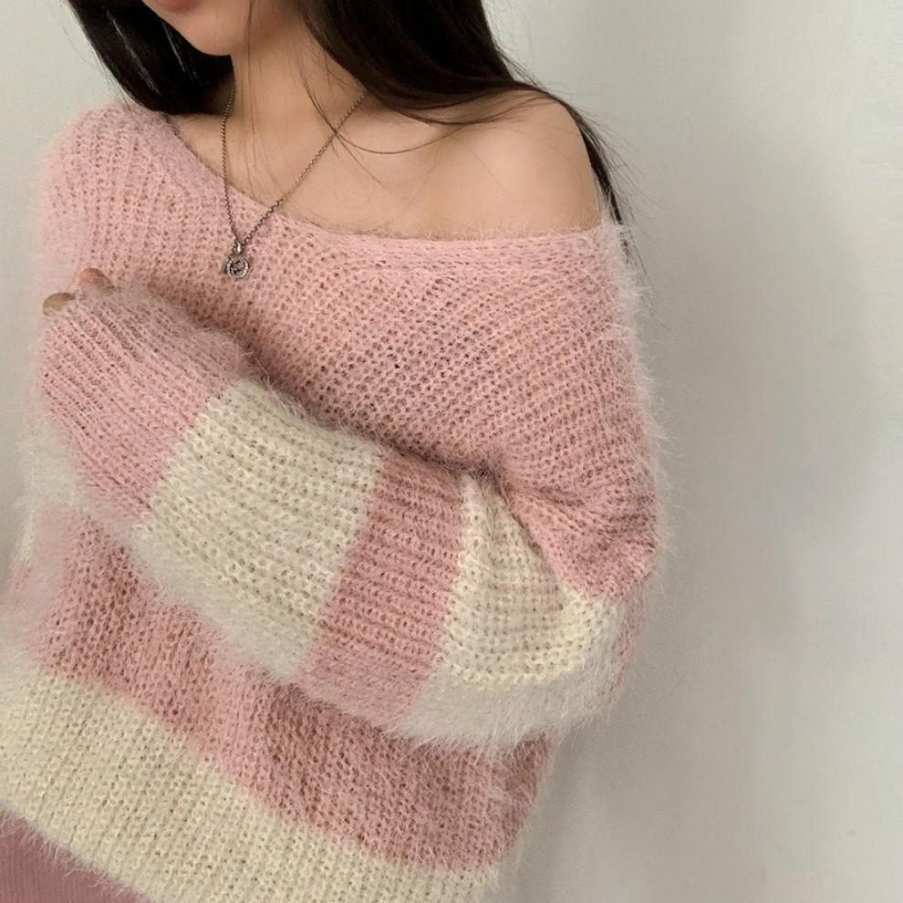 【tops】ボーダー柄ニットセーター　M26352