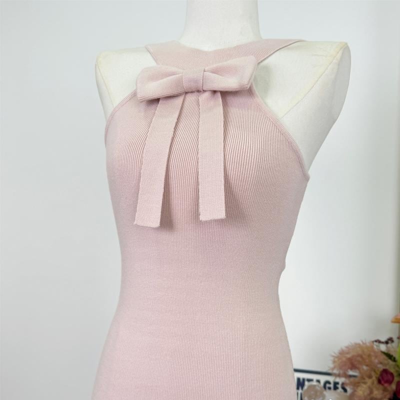 【dress】リボン付きホルターネックニットワンピース Q7374