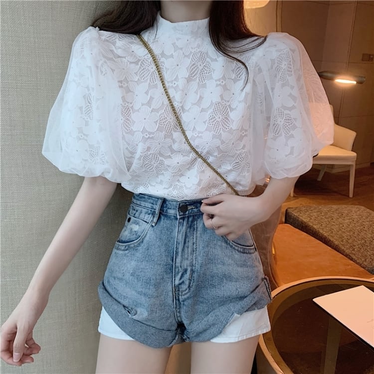 【tops】パフスリーブレースブラウスG20111