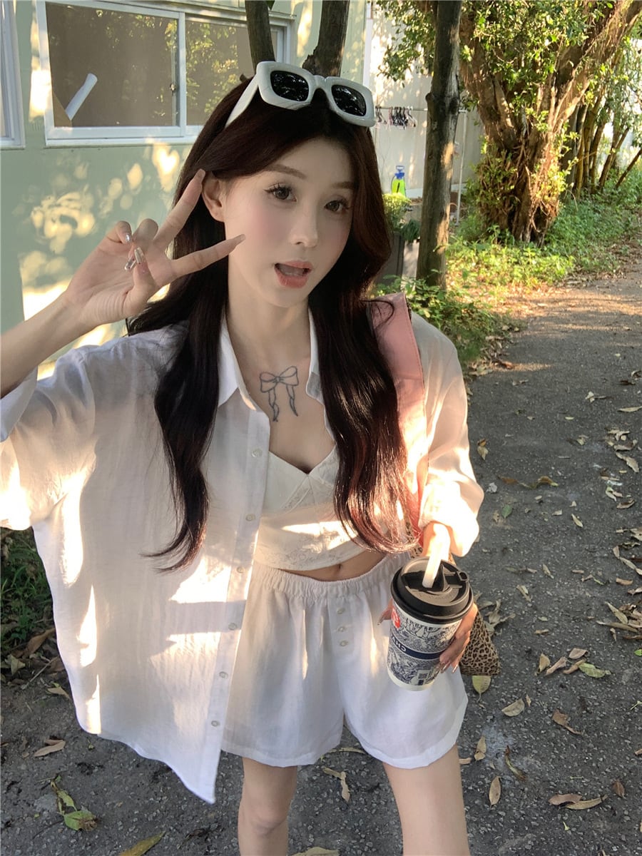 【set】薄手ブラウス+ハイウエストショートパンツ２点セットG21291