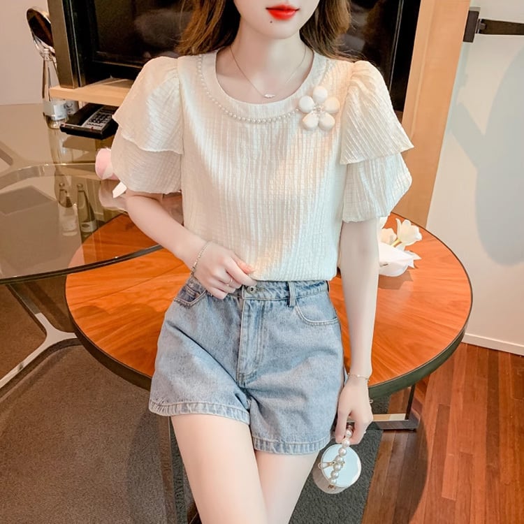 【tops】ラウンドネック半袖パフ袖ブラウスF7509