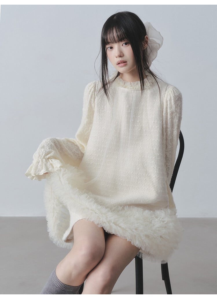 【dress】チュールフリルツイードノースリーブミニワンピース　N3523