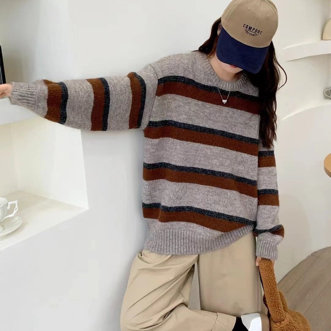 【tops】ボーダー柄ニットセーター　M25673