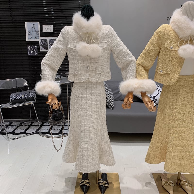 【set】ファー付きツイードジャケット×ロングスカートセット Q7463