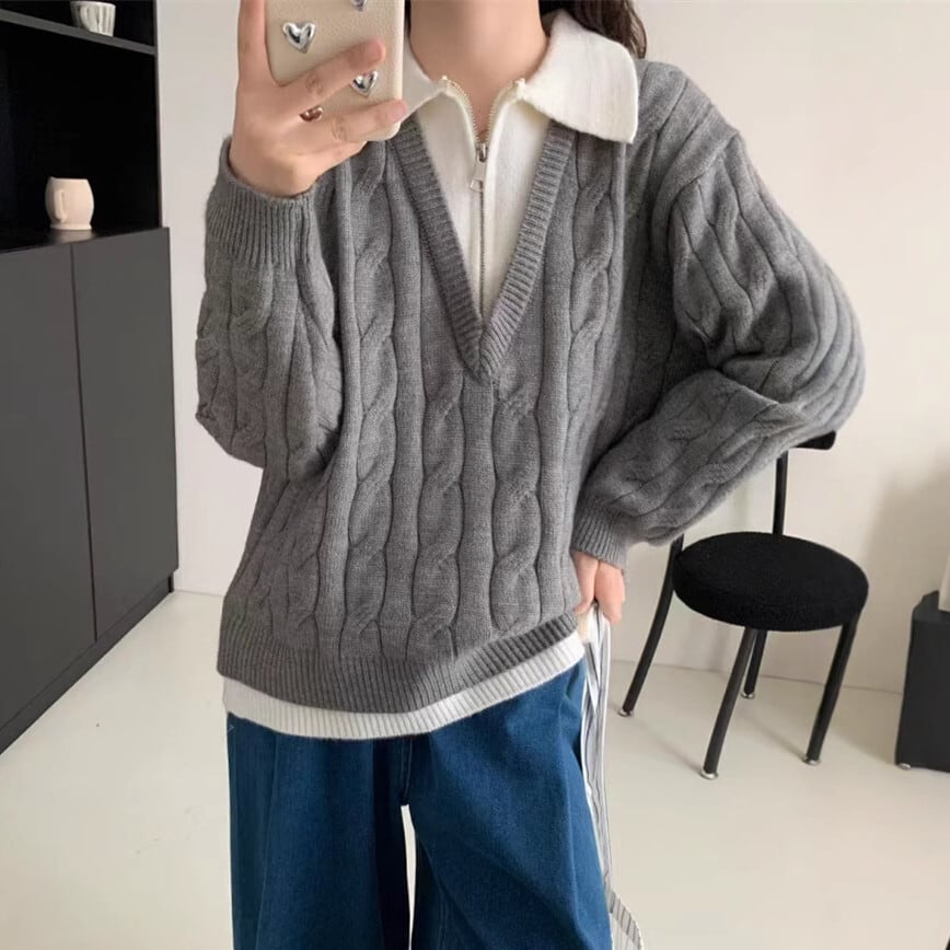 【tops】ファスナー切り替えニットセーター　M27687
