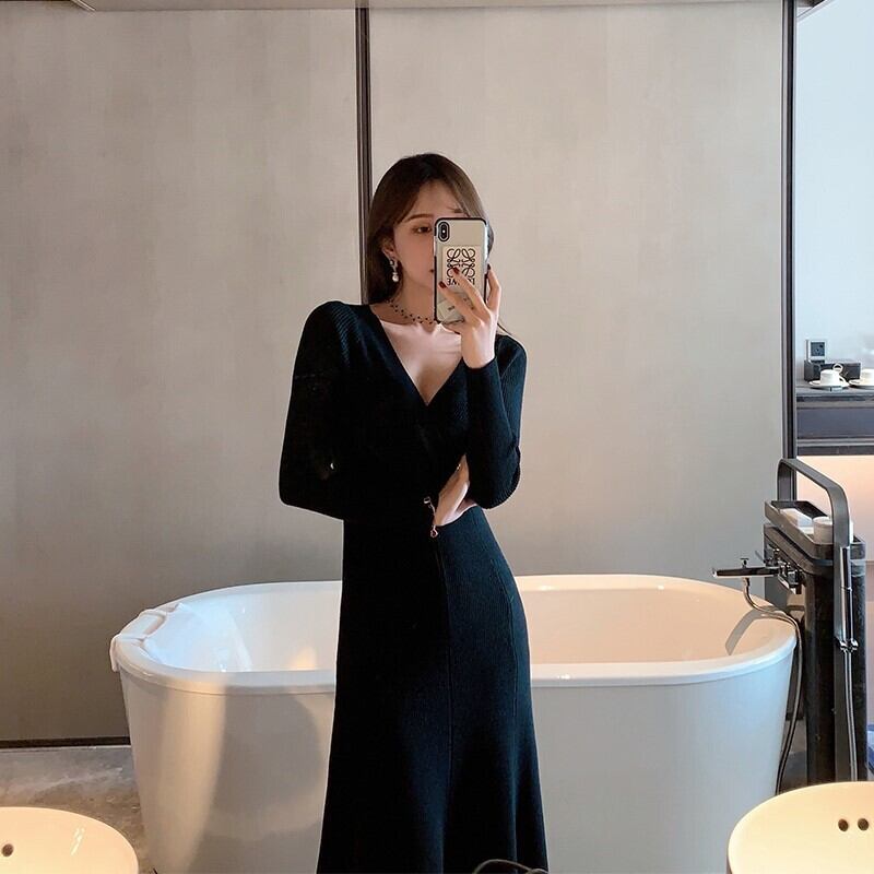 【dress】好感度UP!気質満点エレガントVネック知的着痩せニットワンピース G2291