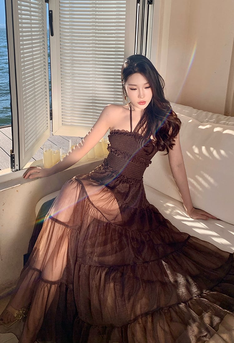 【dress】ホルターネックシアーチュールロングワンピース Q8483