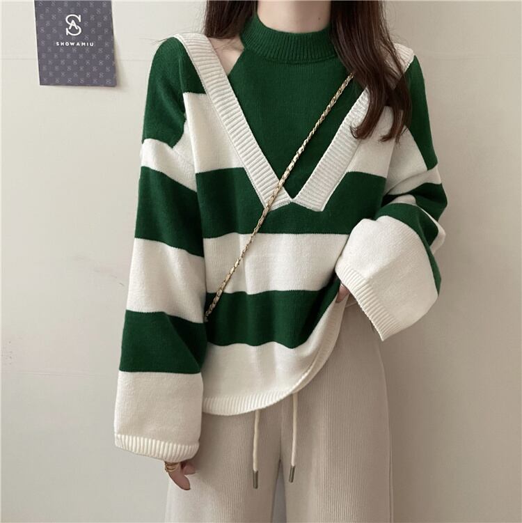 【tops】オフショルダーストライプ柄ニットG17450