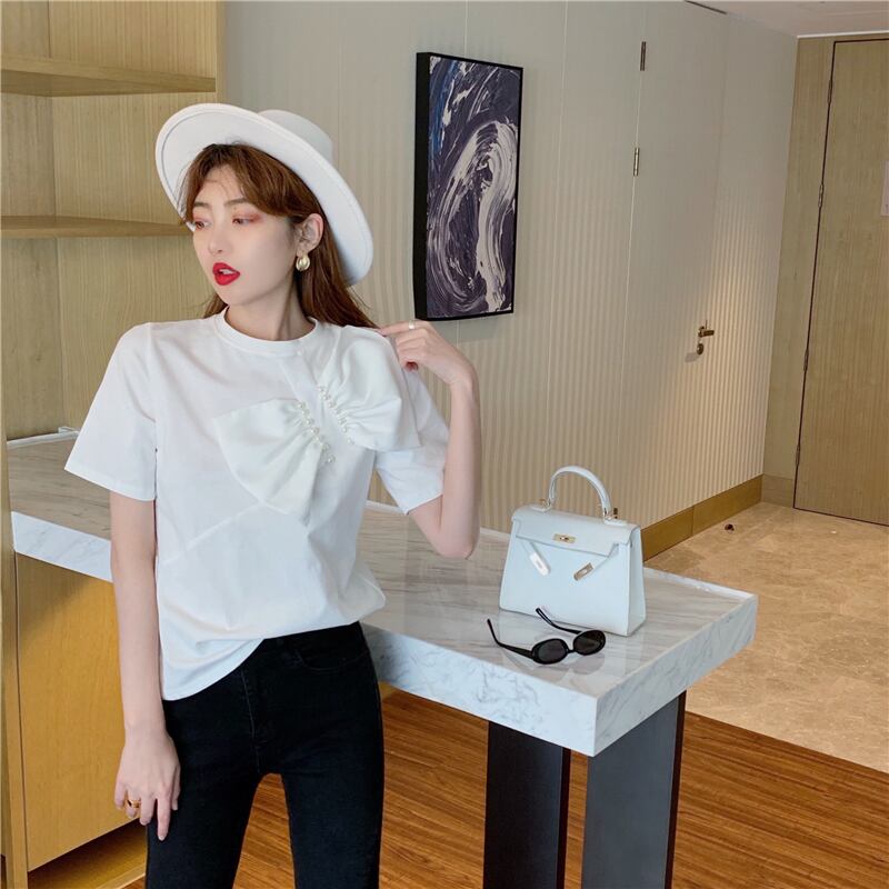 【tops】女性力を高める〜ラウンドネック半袖蝶々結び無地ゆったり着回しTシャツ