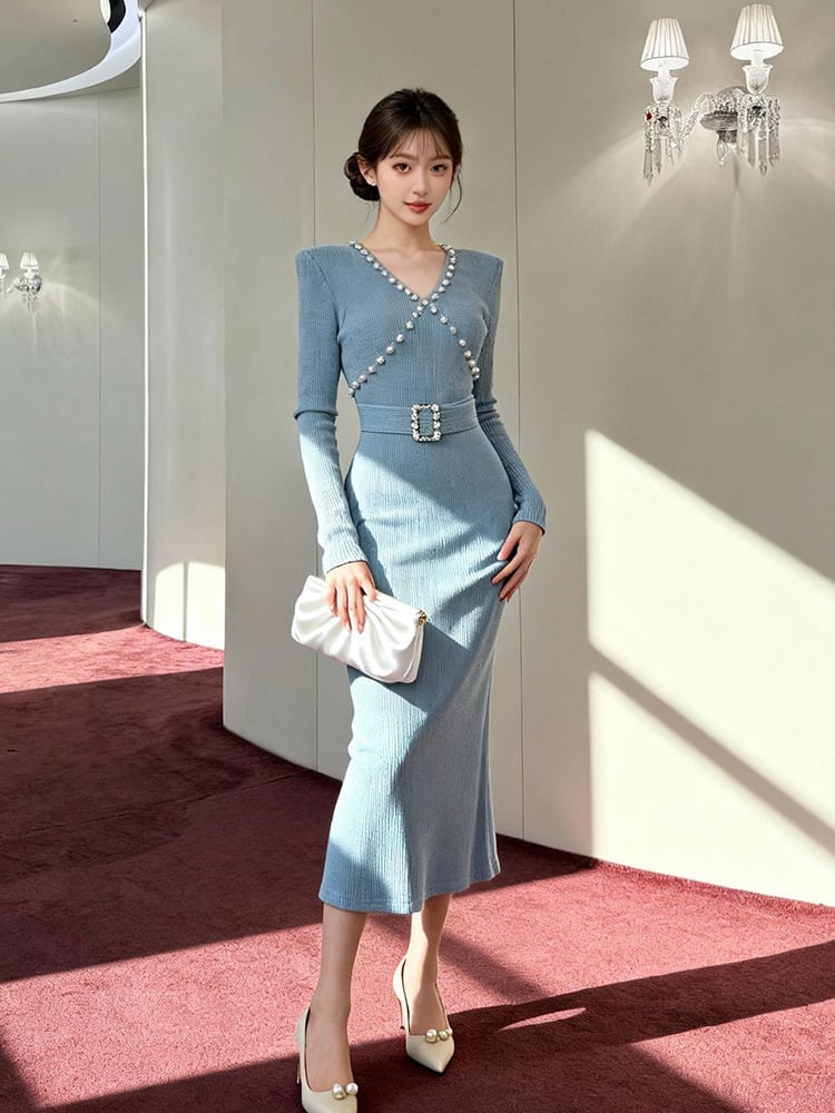 【dress】パール付きニットワンピース Q7507