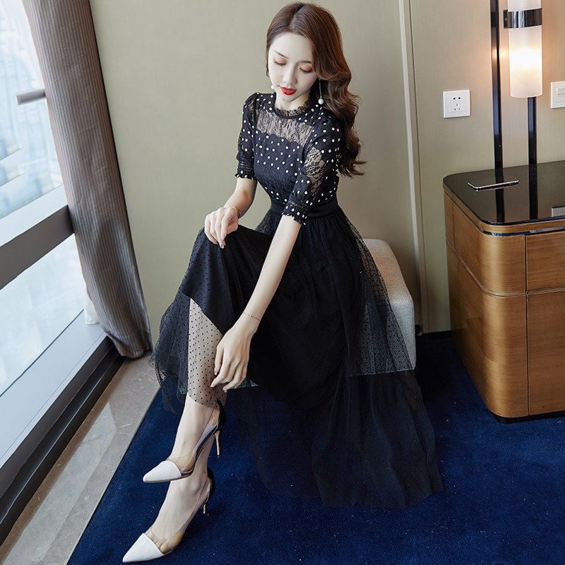 【dress】好感度UP!気質満点フェミニンレース体型カバードット柄ワンピース G0506