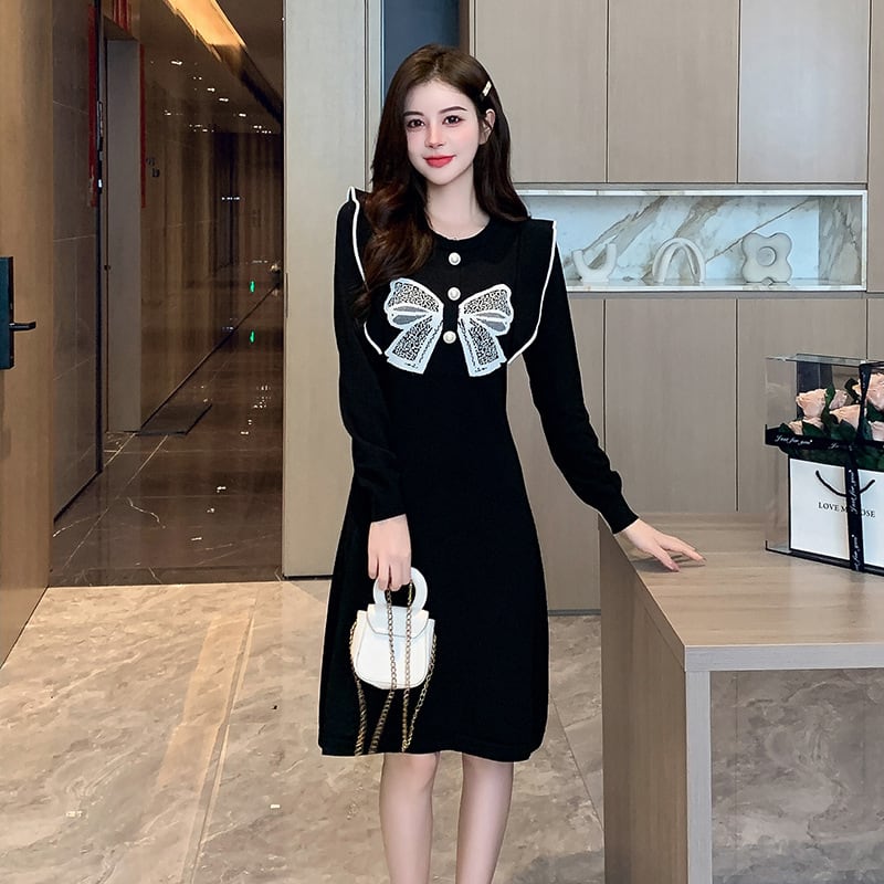 【dress】リボン付きニットワンピース　M18992