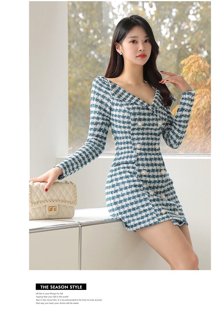 【dress】Vネック長袖ツイードワンピース G19174