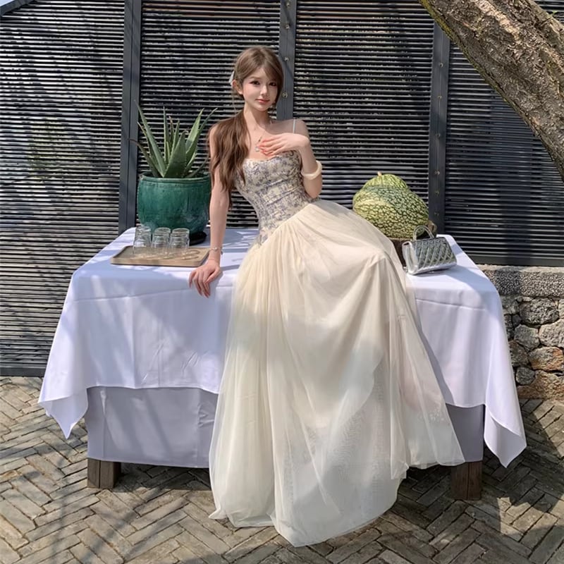 【dress】チュールドッキング花柄キャミワンピース Q8398