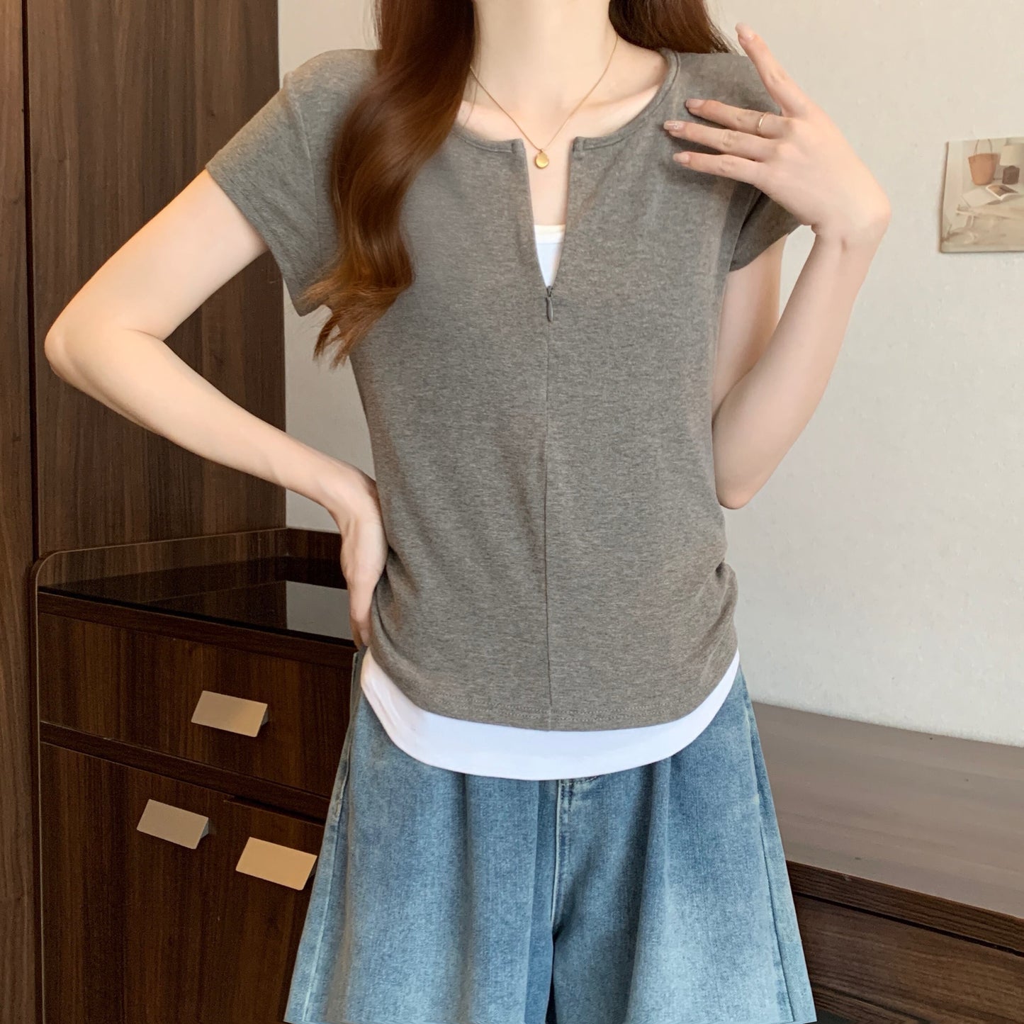 【tops】偽二つ切り替えTシャツG21042