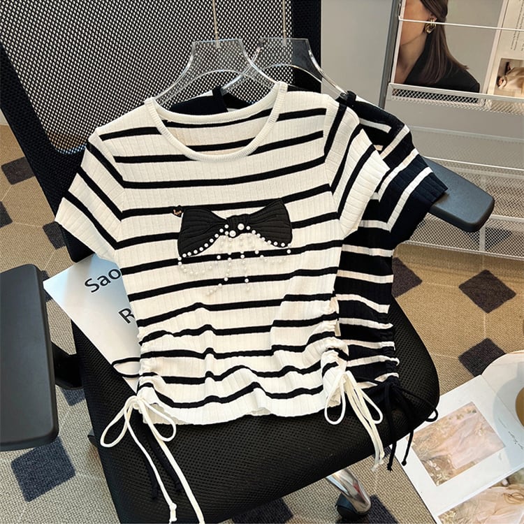 【tops】ビーズリボンニットTシャツG21546