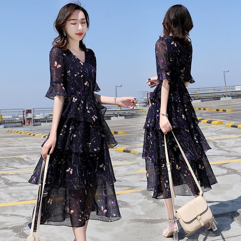 【dress】一目惚れ！Vネックフレアスリーブギャザー花柄ワンピースF0297